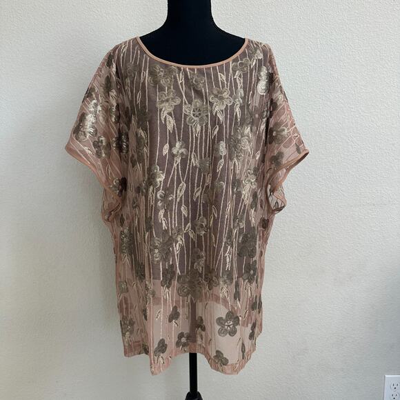 Bob Mackie Tunic Top 2X Plus Mesh Sequin Dressy Glam Beige Short Sleeve Sheer - Picture 1 of 9